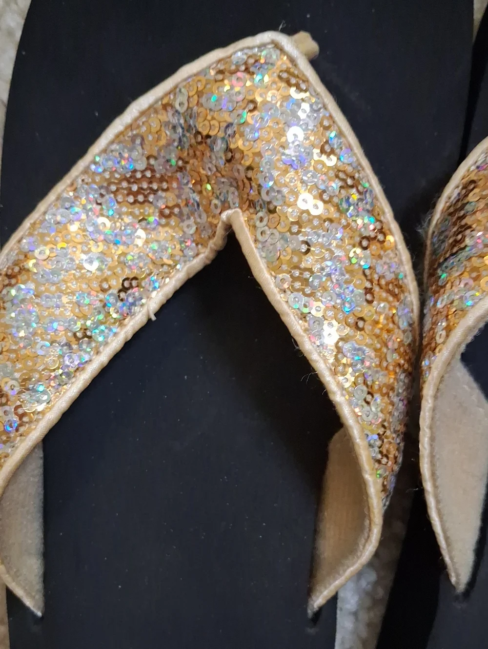 NEW! Yellow Box Gold Sequin Thong Sandals with Black Footbed
